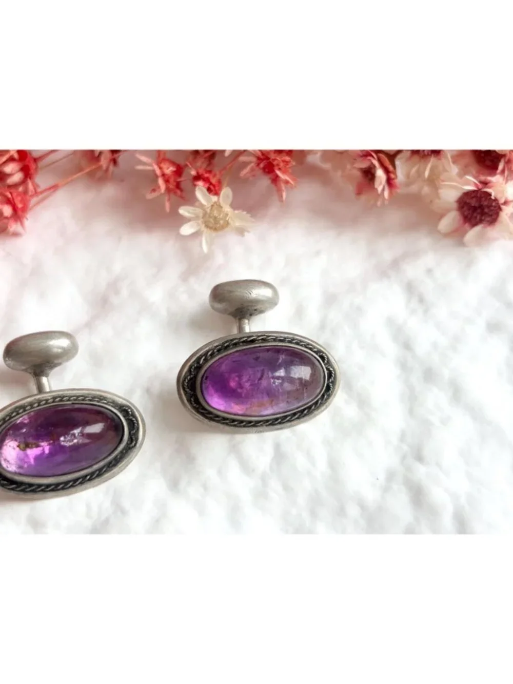 Amethyst Cabochon Gemstone Vintage Sterling Silver 925 Men's Cufflinks